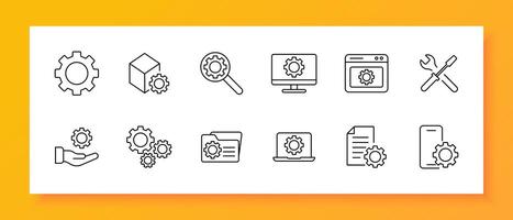 Setting icon set. Gear, website, tuning, hand, proposal, mechanism, configuration, screwdriver, wrench, tools, laptop, file, folder, monitor, phone, adjustment, optimization. line icon. vector