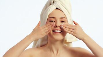 Young happy attractive woman with a towel on her head applying the moisturizing cream on her cheekbones and laughing on a white background. Concept of skin care for health and beauty video