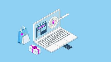 Looking at a business's location map on a search engine, a computer screen showing a shop location, SEO marketing conceptual . 2D isometric Animation video