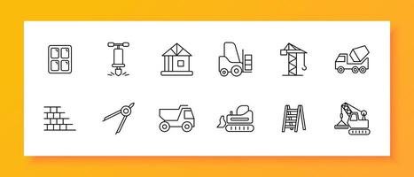 Construction equipment set icon. Window, heavy equipment, ladder, crane, vehicle for transporting cargo, compass, house, frame, drill, wall, mechanism. Building concept. line icon. vector