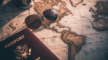 A neatly arranged composition of travel essentials, including an empty covered passport, sunglasses, and a map photo