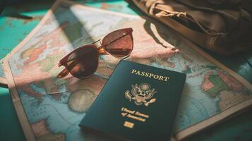 A neatly arranged composition of travel essentials, including an empty covered passport, sunglasses, and a map photo