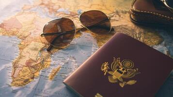 A neatly arranged composition of travel essentials, including an empty covered passport, sunglasses, and a map photo