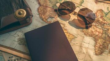 A neatly arranged composition of travel essentials, including an empty covered passport, sunglasses, and a map photo