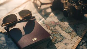 A neatly arranged composition of travel essentials, including an empty covered passport, sunglasses, and a map photo