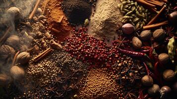 an assortment of whole spices, arranged in harmonious chaos photo