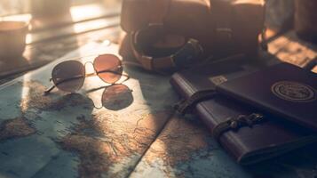 un pulcramente arreglado composición de viaje esenciales, incluso un vacío cubierto pasaporte, Gafas de sol, y un mapa foto