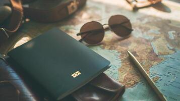 A neatly arranged composition of travel essentials, including an empty covered passport, sunglasses, and a map photo