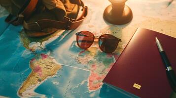 A neatly arranged composition of travel essentials, including an empty covered passport, sunglasses, and a map photo