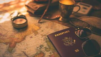 A neatly arranged composition of travel essentials, including an empty covered passport, sunglasses, and a map photo