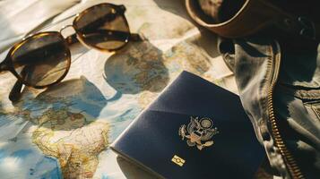 A neatly arranged composition of travel essentials, including an empty covered passport, sunglasses, and a map photo