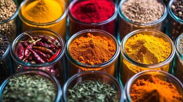 A composition of colorful italian spices in small glass jars forms a visually stimulating arrangement photo