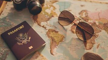 A neatly arranged composition of travel essentials, including an empty covered passport, sunglasses, and a map photo