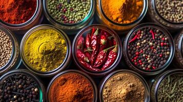 A composition of colorful italian spices in small glass jars forms a visually stimulating arrangement photo