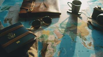 A neatly arranged composition of travel essentials, including an empty covered passport, sunglasses, and a map photo