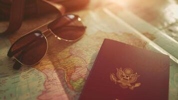 A neatly arranged composition of travel essentials, including an empty covered passport, sunglasses, and a map photo