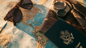 A neatly arranged composition of travel essentials, including an empty covered passport, sunglasses, and a map photo