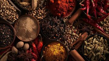 an assortment of whole spices, arranged in harmonious chaos photo