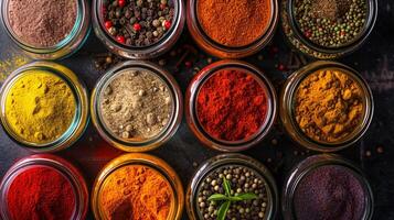 A composition of colorful italian spices in small glass jars forms a visually stimulating arrangement photo