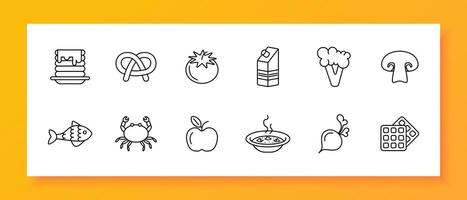 Food set icon. Fish, tomato, pastries, milk, crab, pancakes, apple, natural products, mushrooms, radishes, soup, hot, delicacies, unusual food. Healthy eating concept. line icon. vector