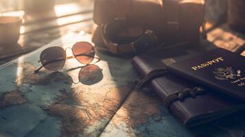 A neatly arranged composition of travel essentials, including an empty covered passport, sunglasses, and a map photo