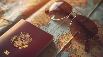 A neatly arranged composition of travel essentials, including an empty covered passport, sunglasses, and a map photo