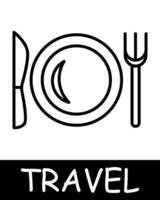 Plate, fork, knife icon. Cutlery, buffet, first class food, purse, enjoy moments of peace and quiet, tranquility and solitude, hobby, recreation. Tourism and wandering concept. vector