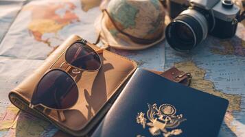 A neatly arranged composition of travel essentials, including an empty covered passport, sunglasses, and a map photo