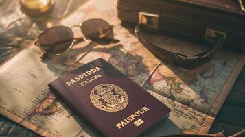 A neatly arranged composition of travel essentials, including an empty covered passport, sunglasses, and a map photo