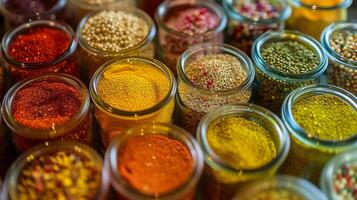 A composition of colorful italian spices in small glass jars forms a visually stimulating arrangement photo