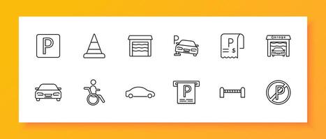 Tax, parking set icon. Garage, check, invoice, machine, car, ban, fence, cone, pitstop, P, warehouse, silhouette, sign, , man, wheelchair, design, interface. line icon. vector