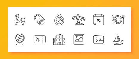 Trip set icon. Geolocation, travel, path from one point to another, wallet, hotel, tropical island, vacation, flight, globe, do not disturb icon. Tourism and wandering concept. line icon. vector