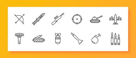 Weapon set icon. Tank, man, banner, no war, artillery, plane, bomber, military equipment, bow, rifle, knife, rocket. Third world countries and military operations in them concept. line icon. vector