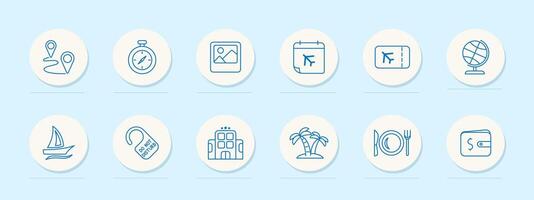 Trip set icon. Geolocation, travel, path from one point to another, wallet, hotel, tropical island, vacation, flight, globe, do not disturb icon. Tourism and wandering concept. line icon. vector