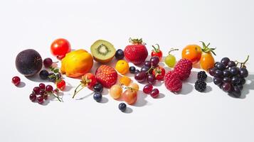 A bountiful selection of fresh, vibrant fruits are scattered artfully on the pristine white background photo