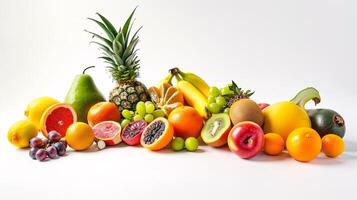 A bountiful selection of fresh, vibrant fruits are scattered artfully on the pristine white background photo