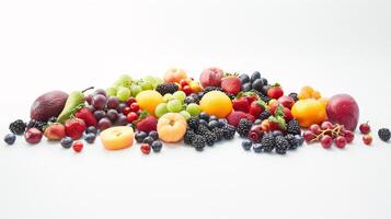 A bountiful selection of fresh, vibrant fruits are scattered artfully on the pristine white background photo