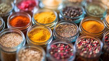 A composition of colorful italian spices in small glass jars forms a visually stimulating arrangement photo