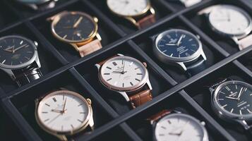 A collection of stylish wristwatches, arranged in a pattern, showcases the elegance of timepieces photo