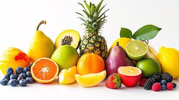 A bountiful selection of fresh, vibrant fruits are scattered artfully on the pristine white background photo