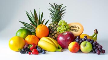 A bountiful selection of fresh, vibrant fruits are scattered artfully on the pristine white background photo