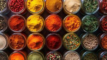 A composition of colorful italian spices in small glass jars forms a visually stimulating arrangement photo