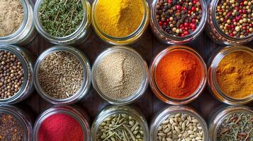 A composition of colorful italian spices in small glass jars forms a visually stimulating arrangement photo