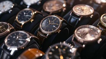 un colección de elegante relojes de pulsera, arreglado en un patrón, vitrinas el elegancia de relojes foto