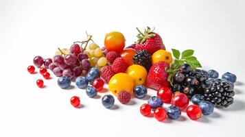 A bountiful selection of fresh, vibrant fruits are scattered artfully on the pristine white background photo