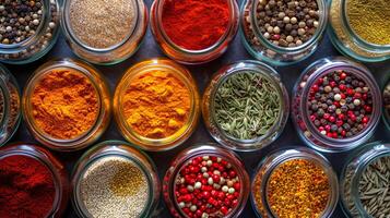 A composition of colorful italian spices in small glass jars forms a visually stimulating arrangement photo