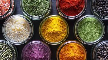 A composition of colorful italian spices in small glass jars forms a visually stimulating arrangement photo