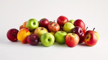 A bountiful selection of fresh, vibrant fruits are scattered artfully on the pristine white background photo