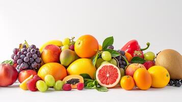 un abundante selección de fresco, vibrante frutas son dispersado ingeniosamente en el prístino blanco antecedentes foto