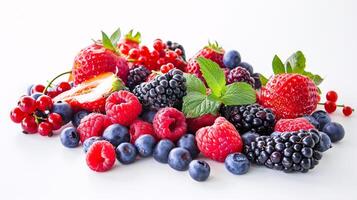 A bountiful selection of fresh, vibrant fruits are scattered artfully on the pristine white background photo